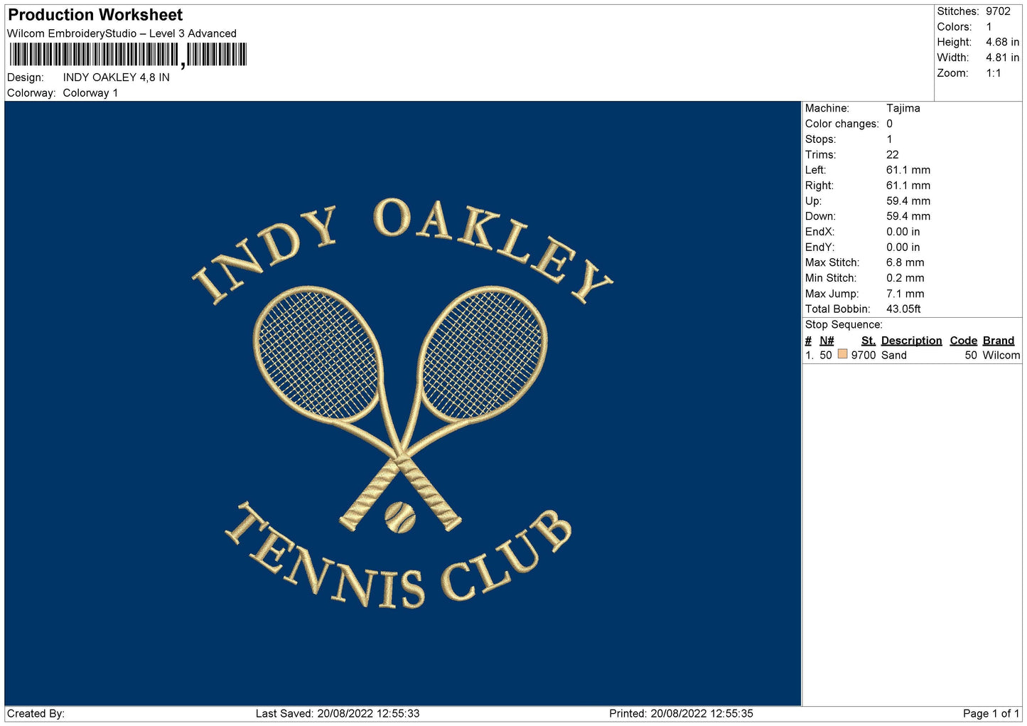 Indy Oakley Embroidery File 5 sizes