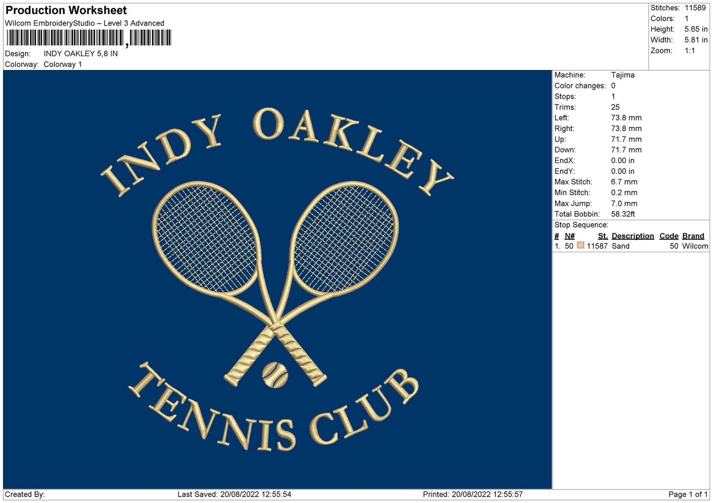 Indy Oakley Embroidery File 5 sizes