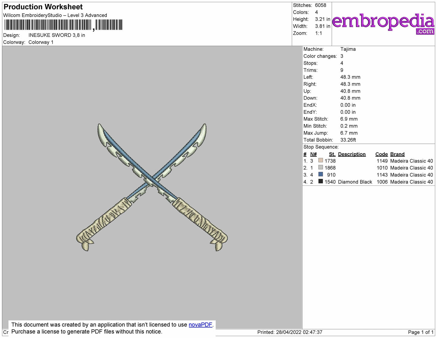 Insuke Sword Embroidery File 4 size