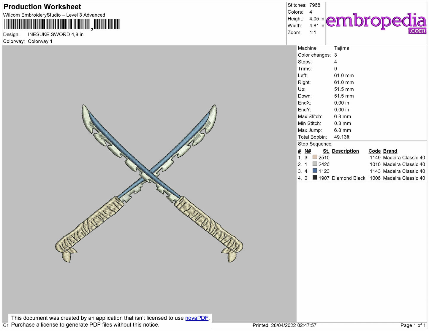 Insuke Sword Embroidery File 4 size