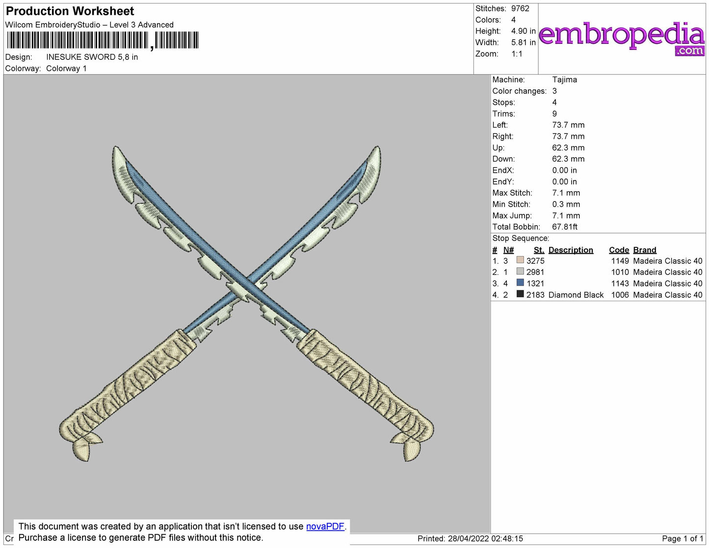 Insuke Sword Embroidery File 4 size