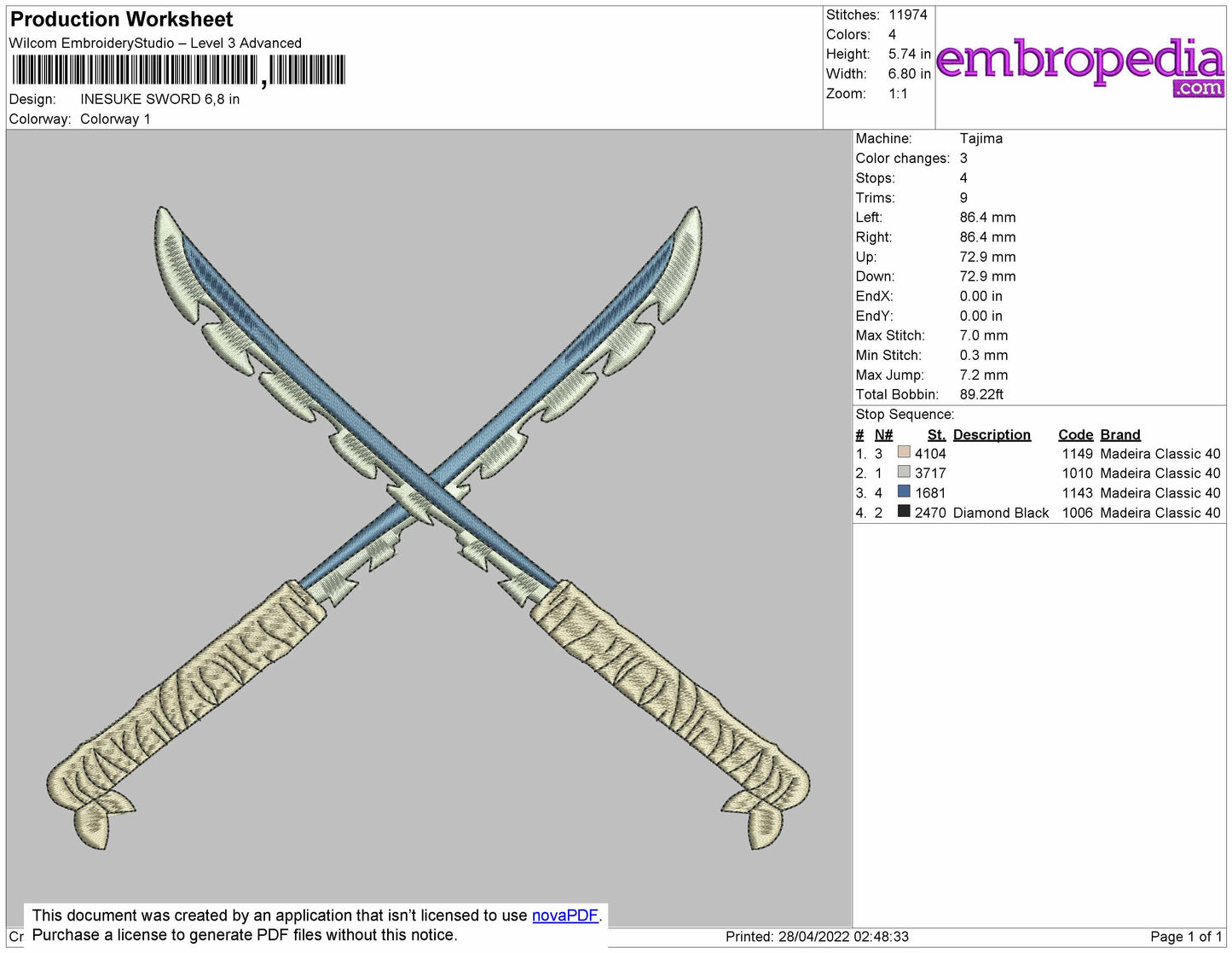Insuke Sword Embroidery File 4 size