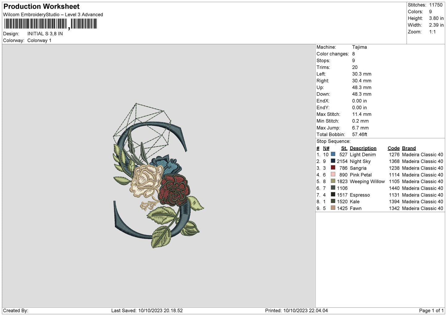 Initial S Embroidery File 6 sizes