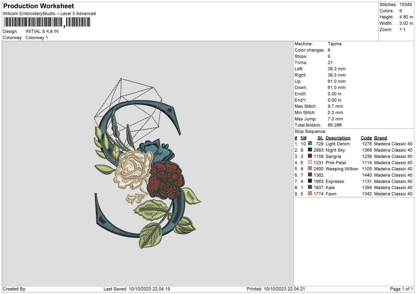 Initial S Embroidery File 6 sizes