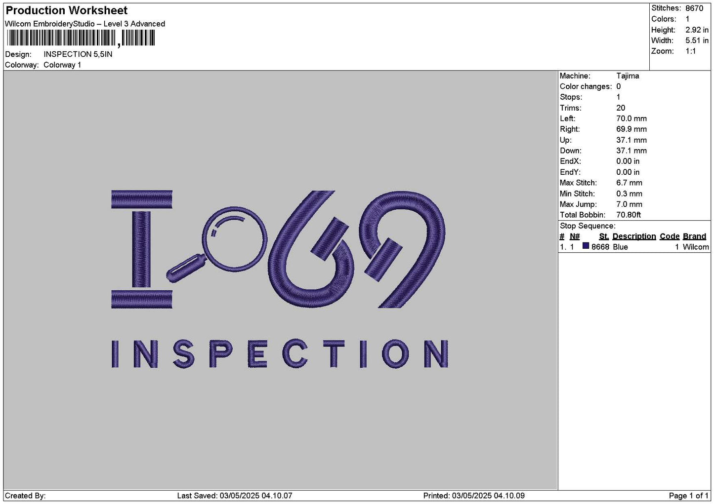 Inspectiontext Embroidery File 6 sizes