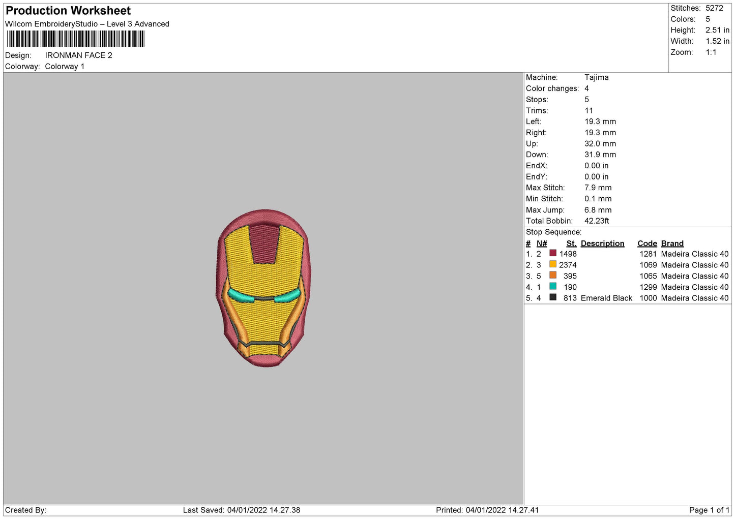 Iron Man Face Embroidery File 4 size