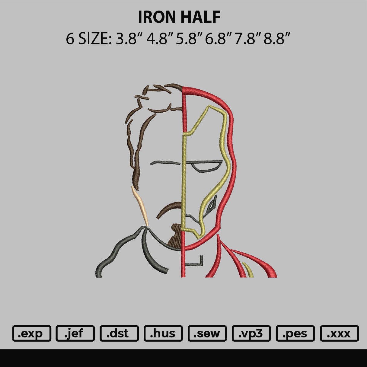 Iron Half Embroidery File 6 sizes