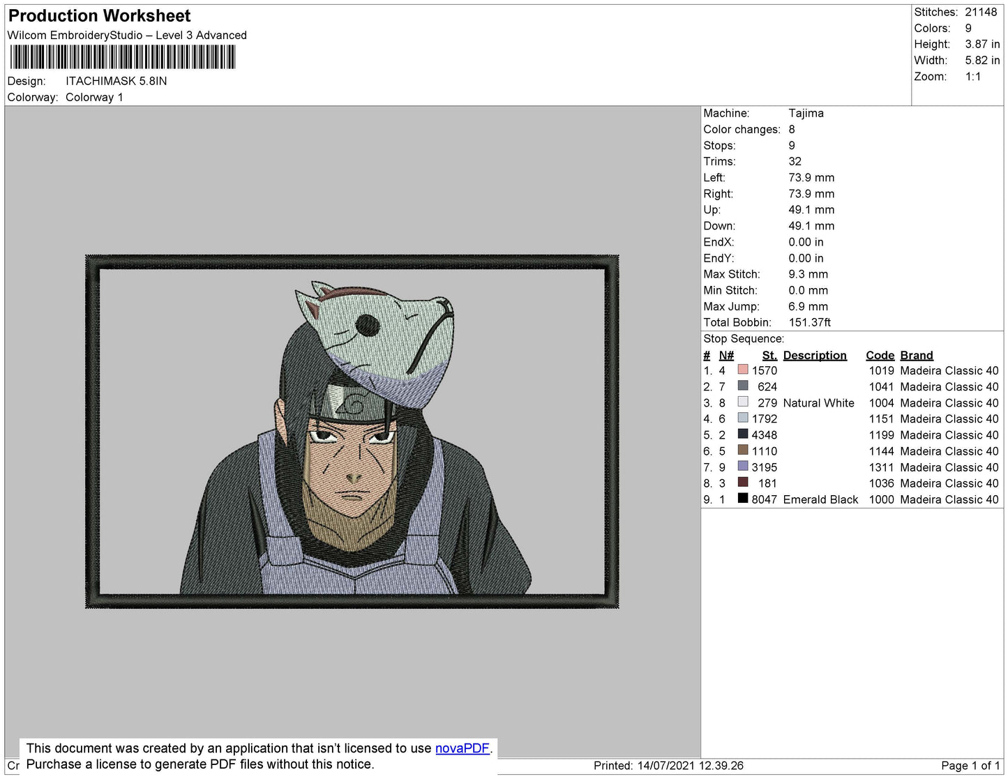 Itachi Mask Embroidery File 4 size