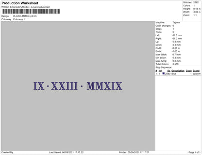 IX XXIII MMXIX Embroidery File 4 size