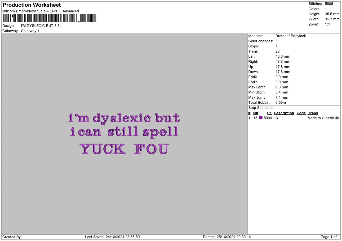 Yucktext Embroidery File 6 sizes