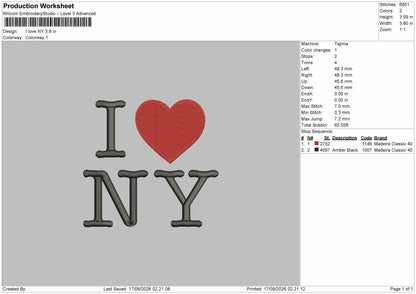 Love Ny Embroidery Machine Design File 6 sizes