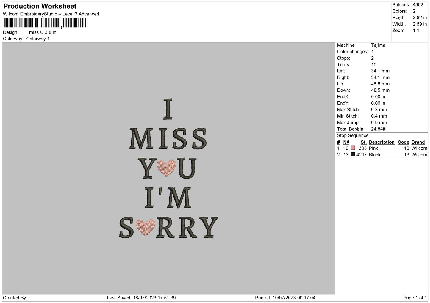 I Miss U Embroidery File 6 sizes