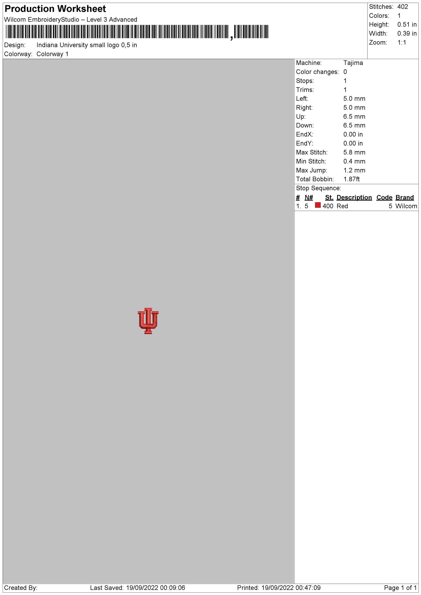 Indiana Univ Small Logo Embroidery File 5 sizes