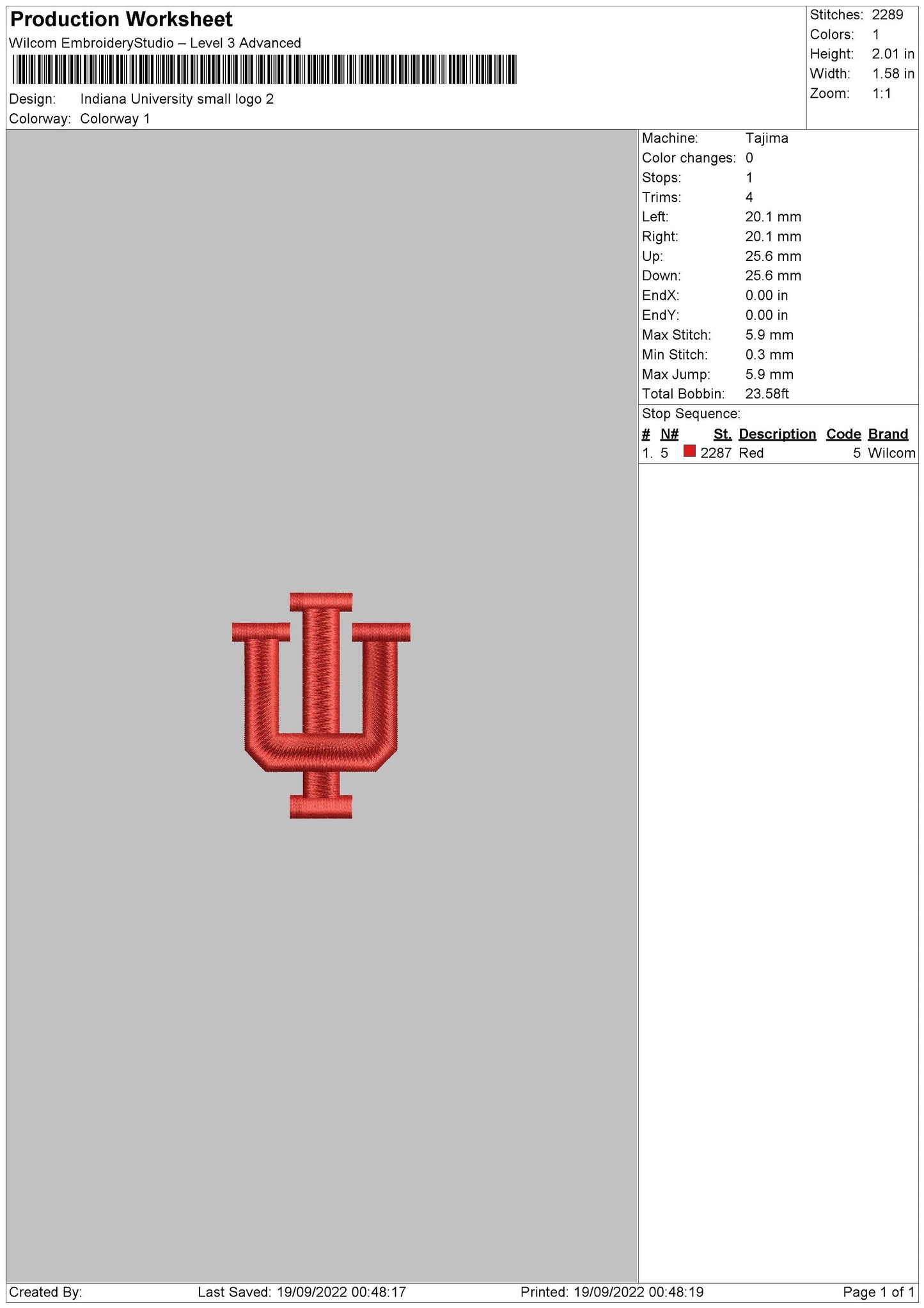 Indiana Univ Small Logo Embroidery File 5 sizes
