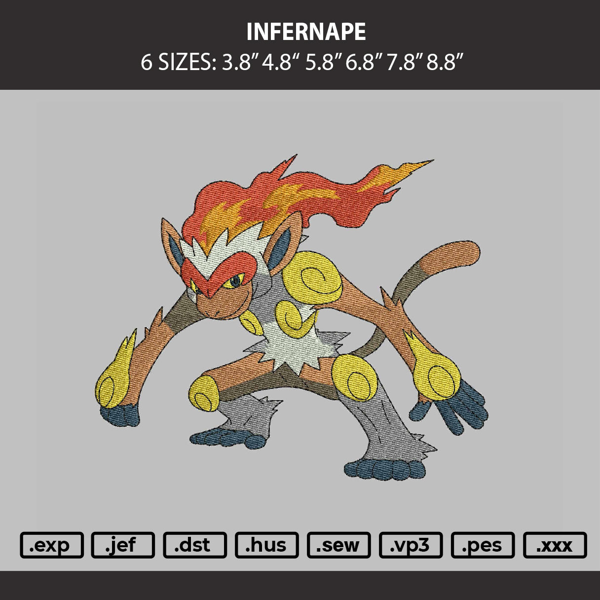 Infernape Embroidery Machine Design File 6 sizes