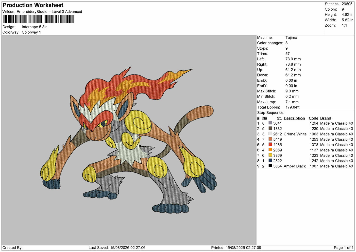 Infernape Embroidery Machine Design File 6 sizes