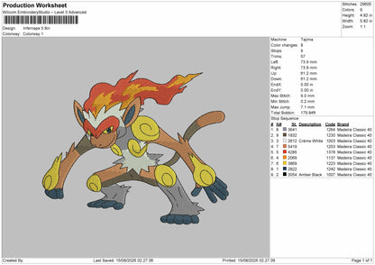 Infernape Embroidery Machine Design File 6 sizes