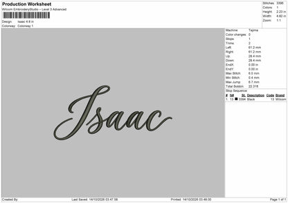 Isaac Text Embroidery Machine Design File 6 sizes