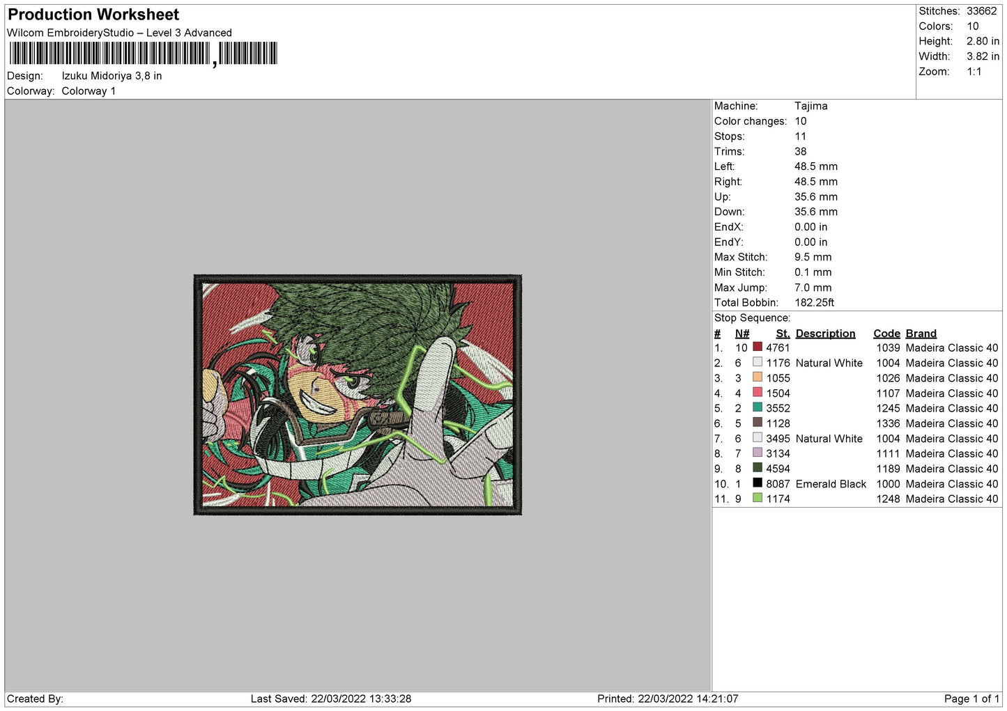 Izuku Midoriya Embroidery File 4 size