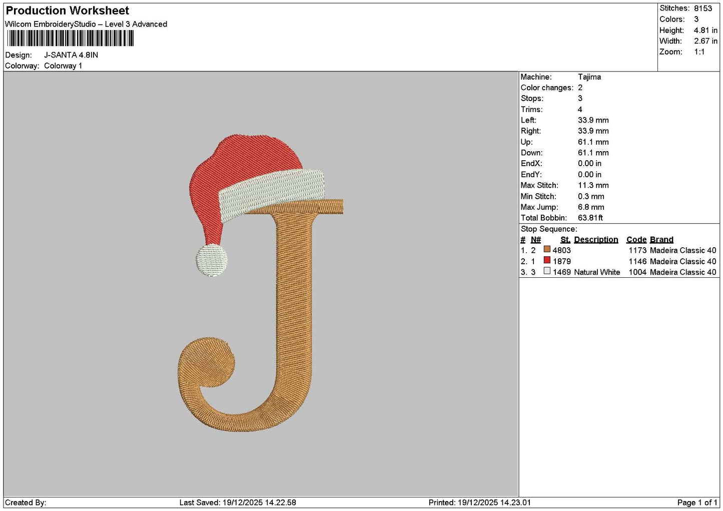 J Santa Embroidery File 6 sizes