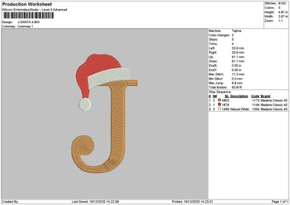 J Santa Embroidery File 6 sizes