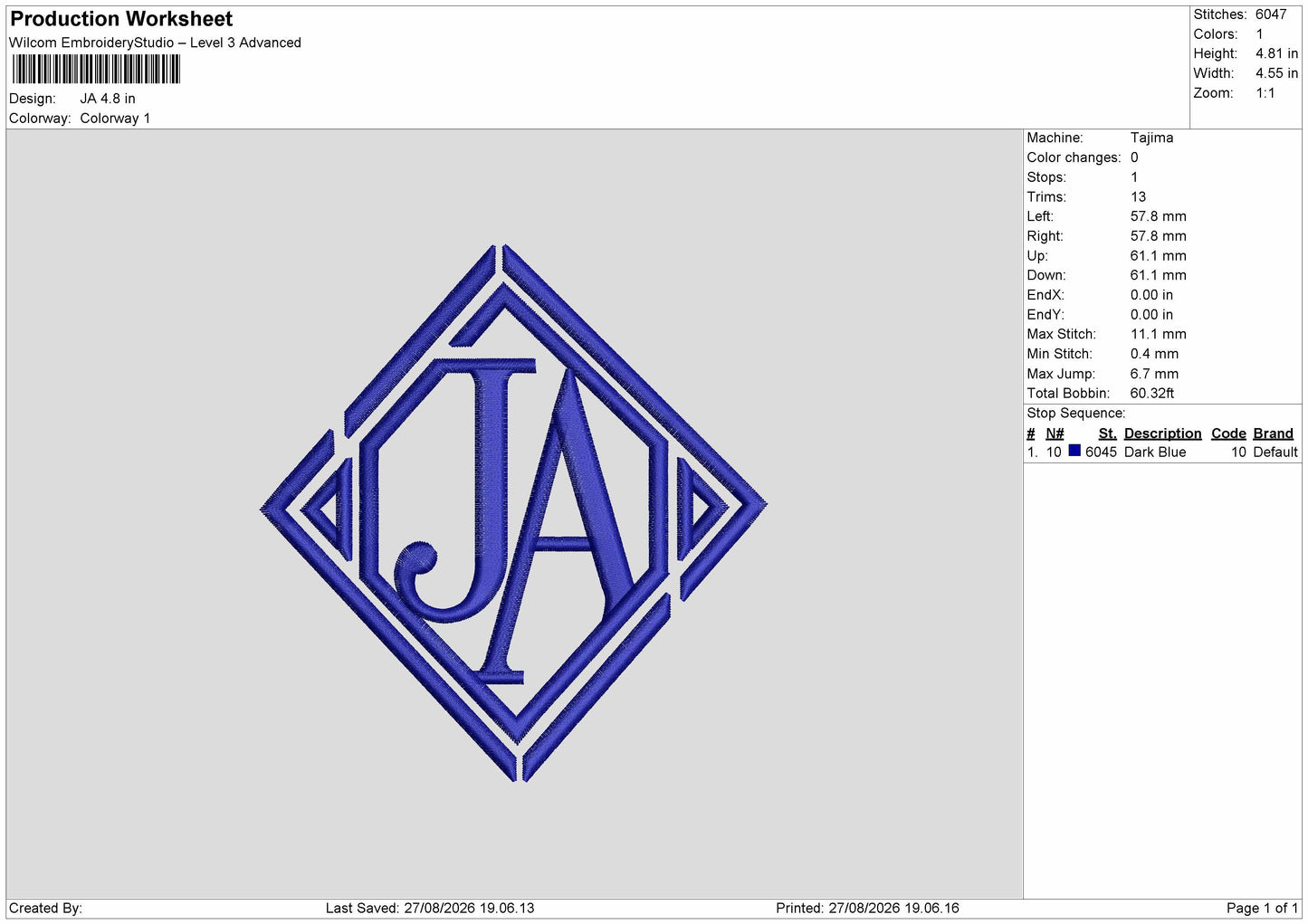 Ja Text Embroidery Machine Design File 6 sizes