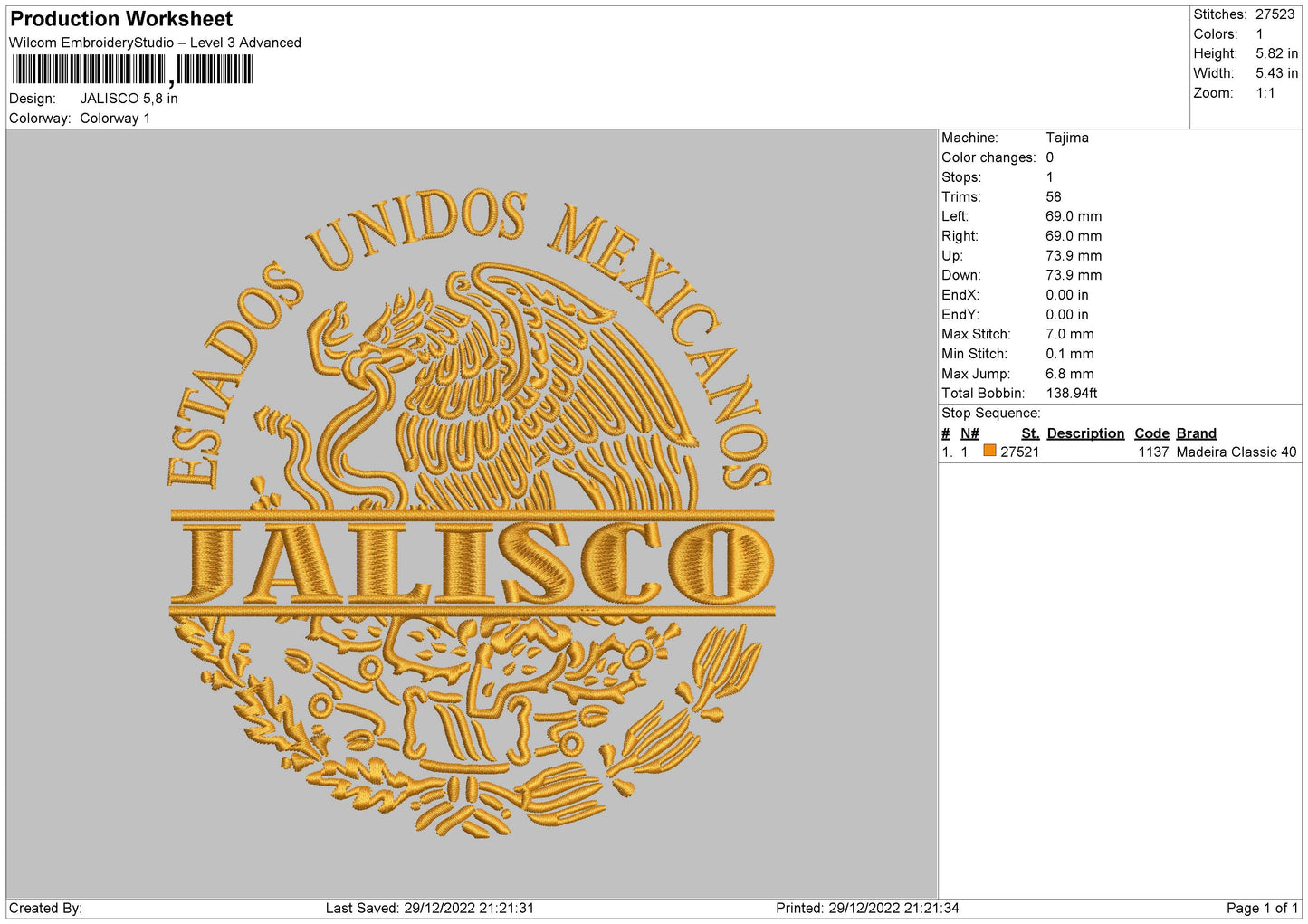 Jalisco Embroidery File 6 sizes