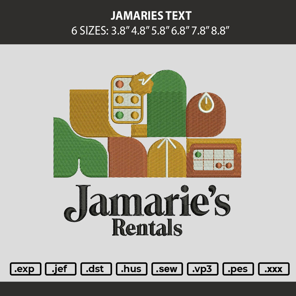 Jamaries Text Embroidery Machine Design File 6 sizes