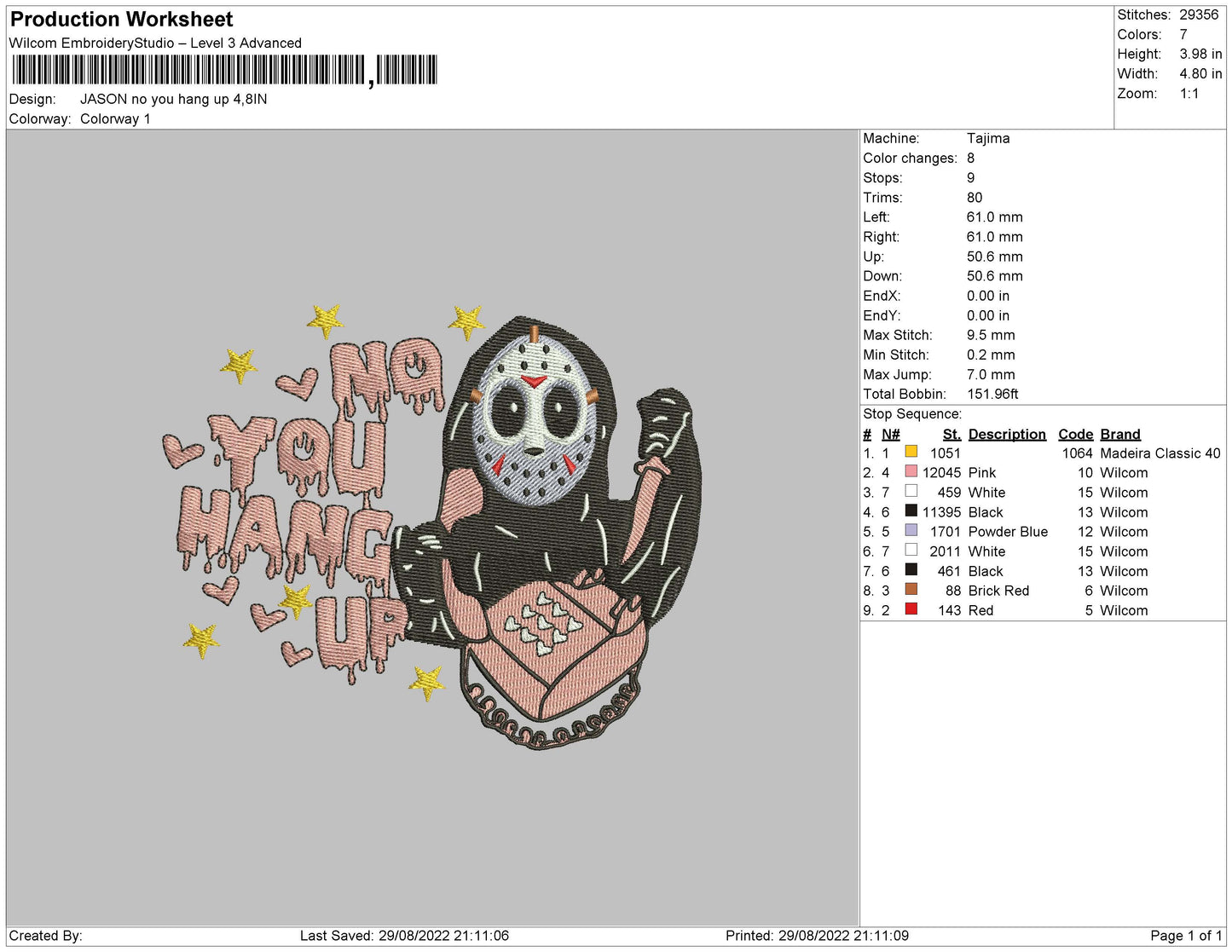 Jason No You Hang Up Embroidery File 5 sizes