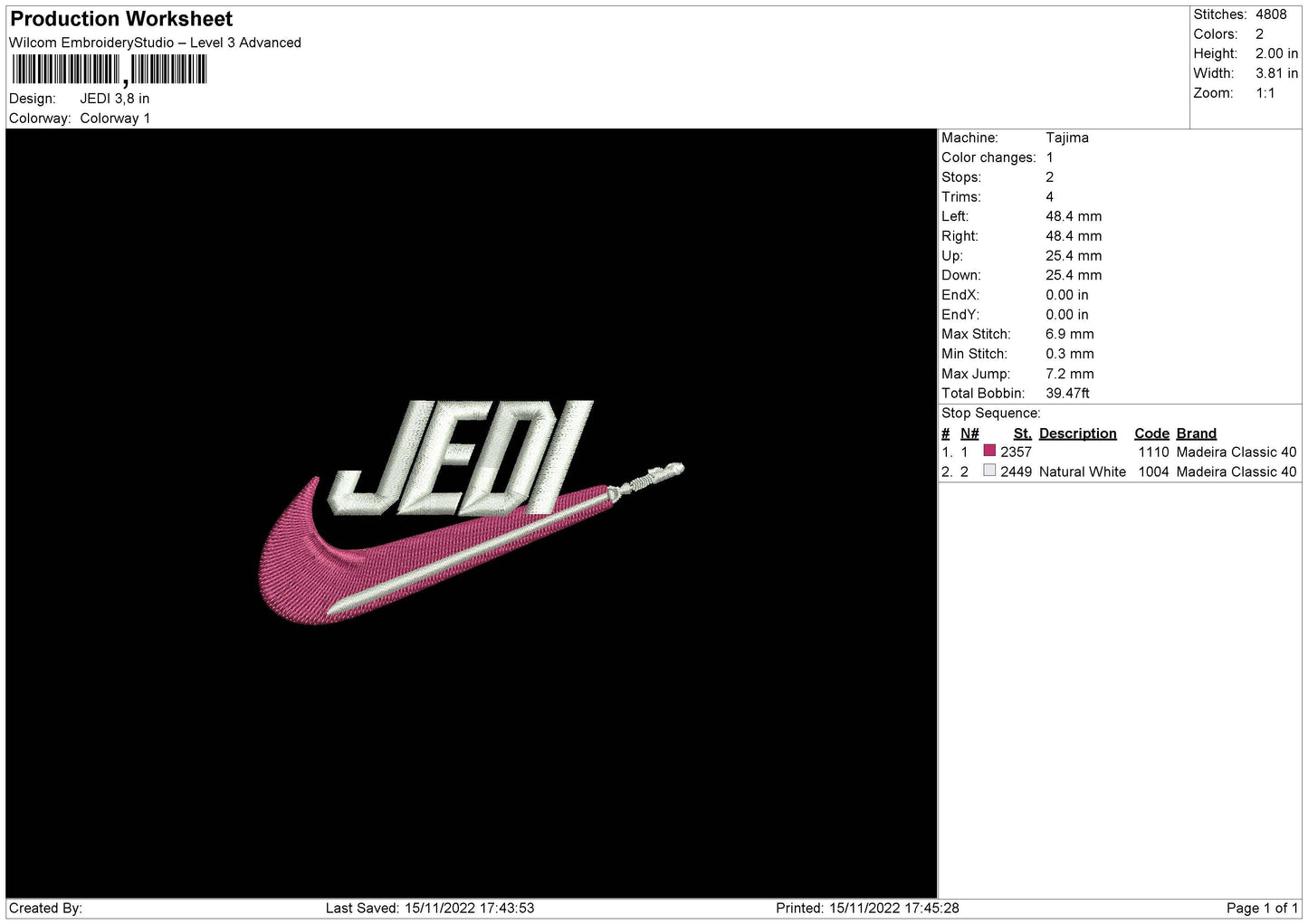 Jedi Embroidery File 6 sizes