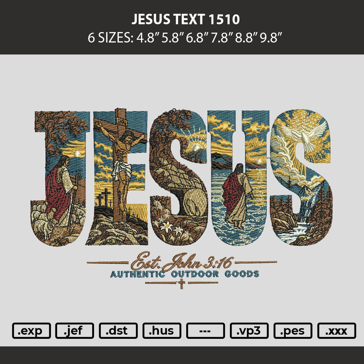 Jesus Text 1510 Embroidery Machine Design File 6 sizes