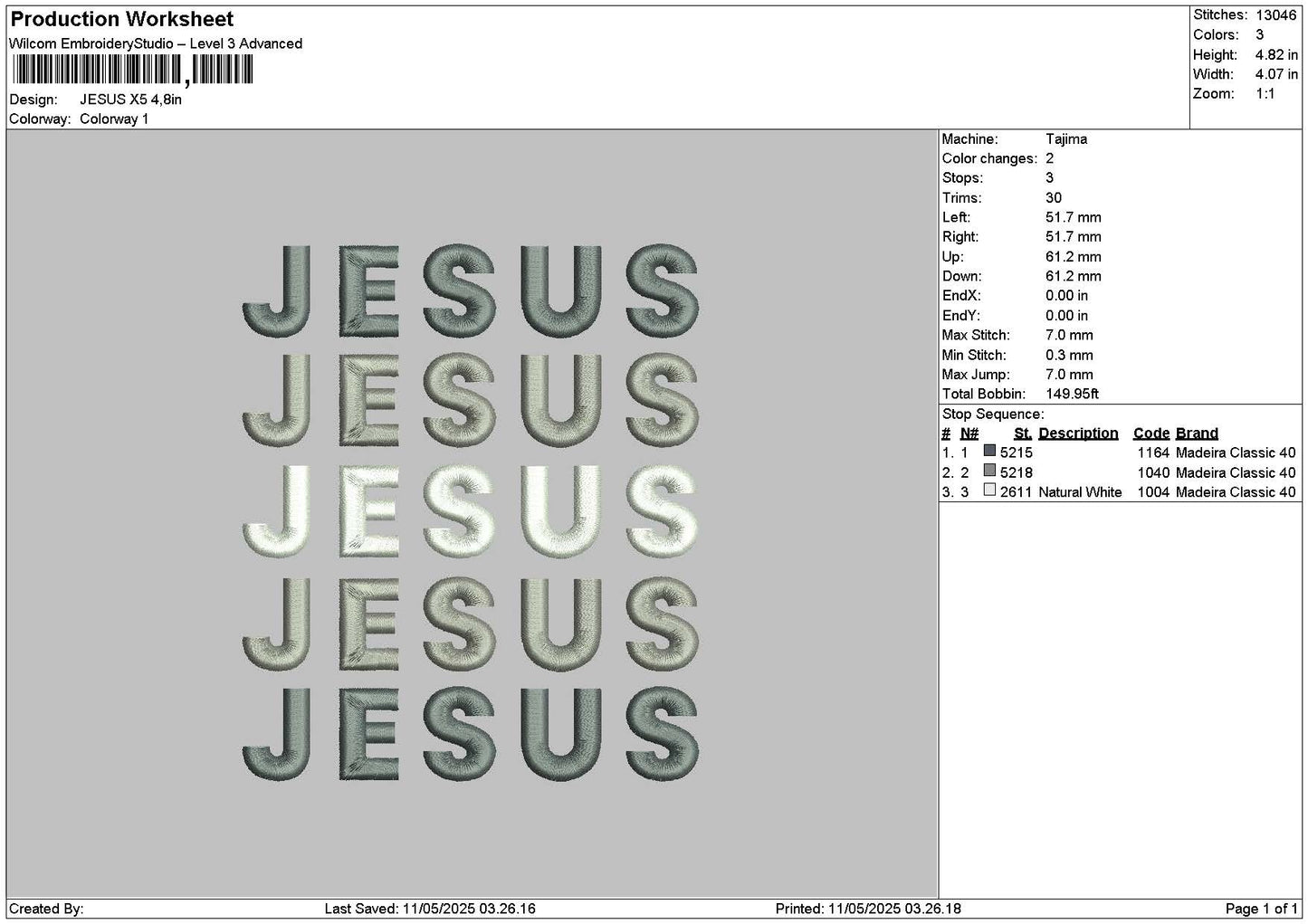 Jesustext 1105 Embroidery File 6 sizes