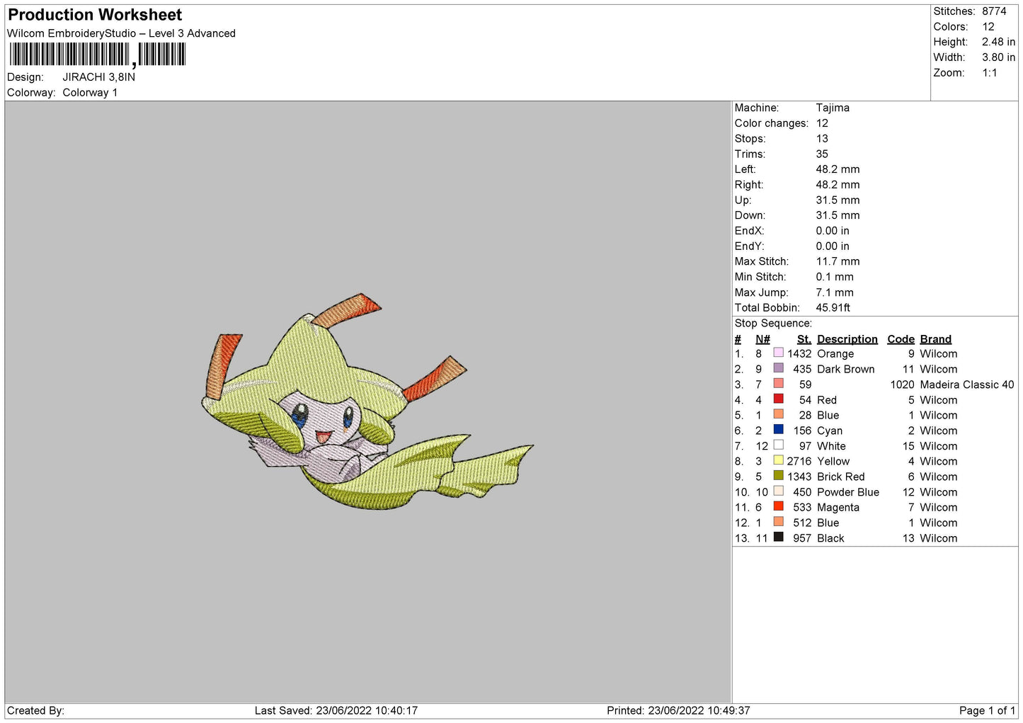 Jirachi Embroidery File 4 size