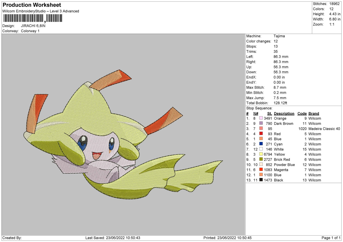 Jirachi Embroidery File 4 size