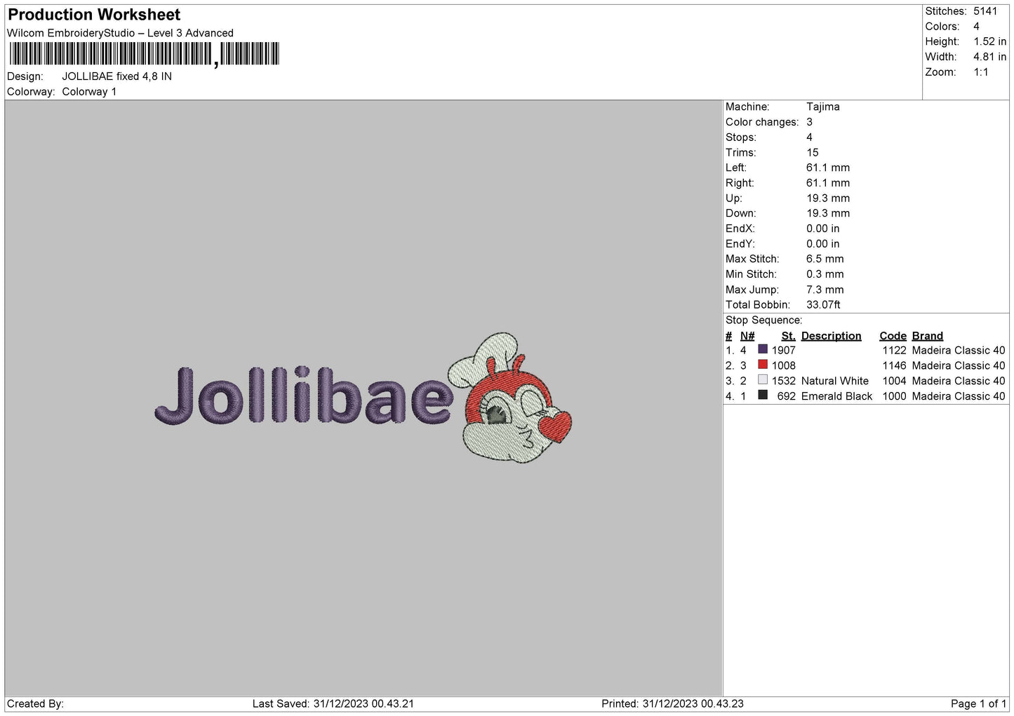 Jollibae Embroidery File 6 sizes