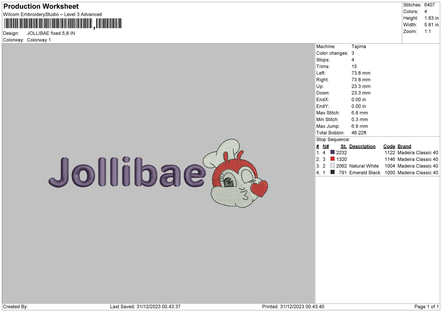 Jollibae Embroidery File 6 sizes