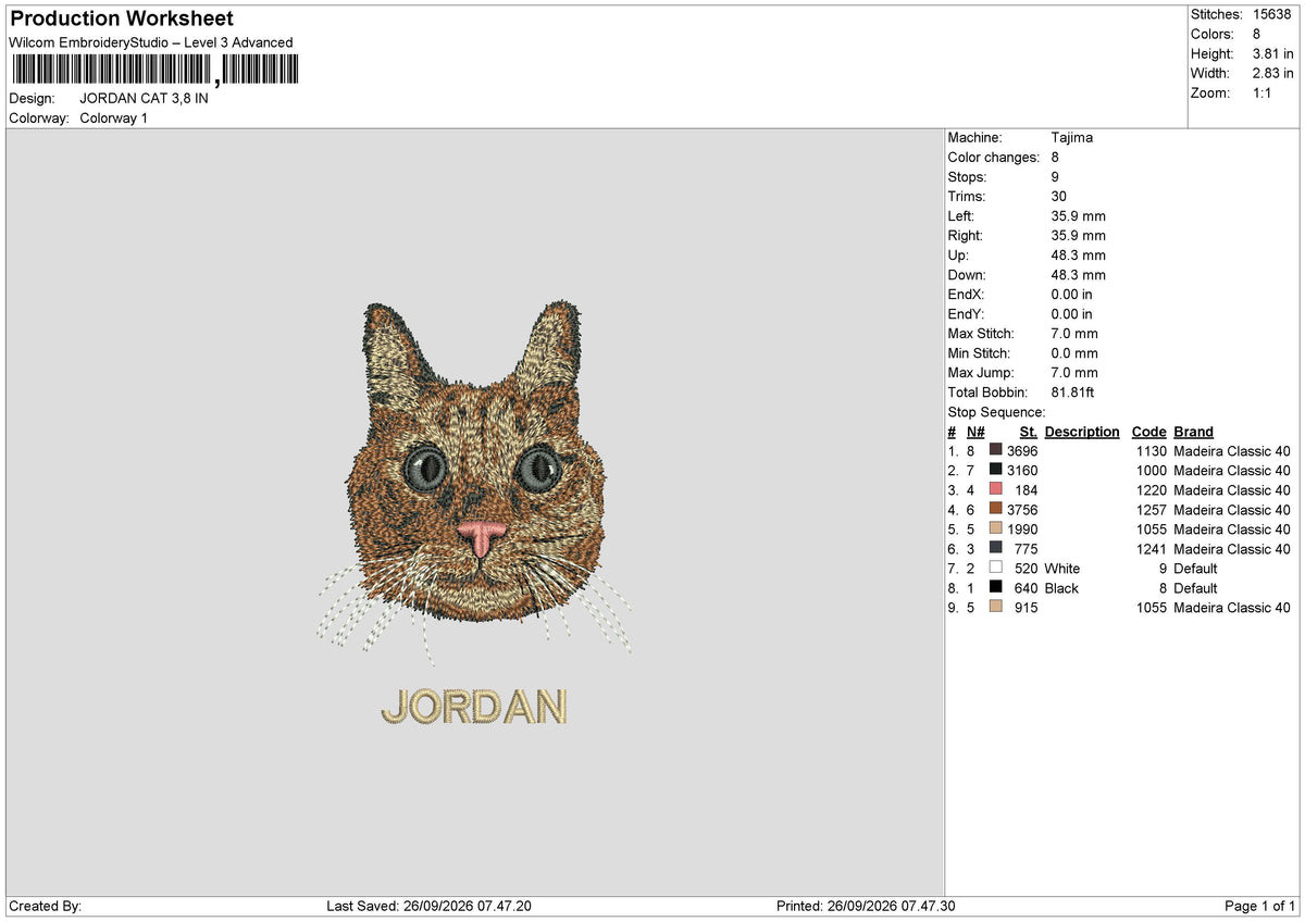 JORDAN CAT Embroidery Machine Design File 6 sizes