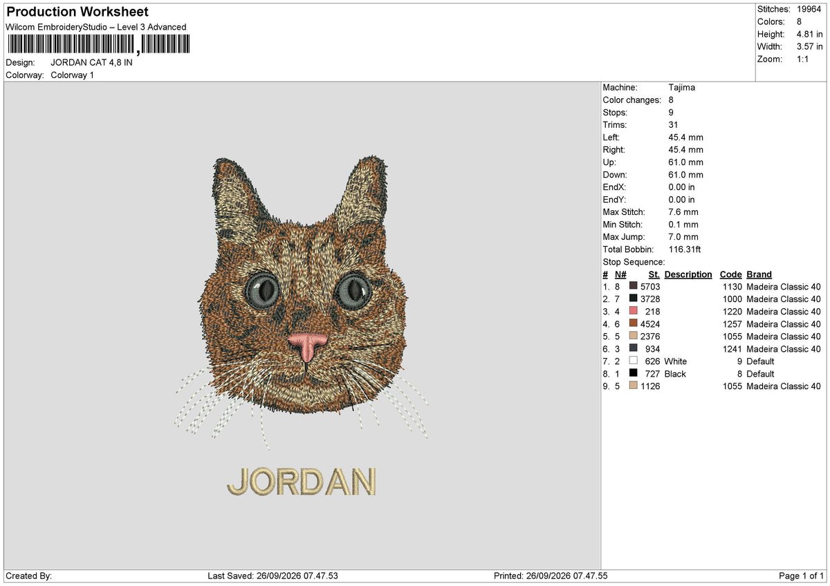 JORDAN CAT Embroidery Machine Design File 6 sizes