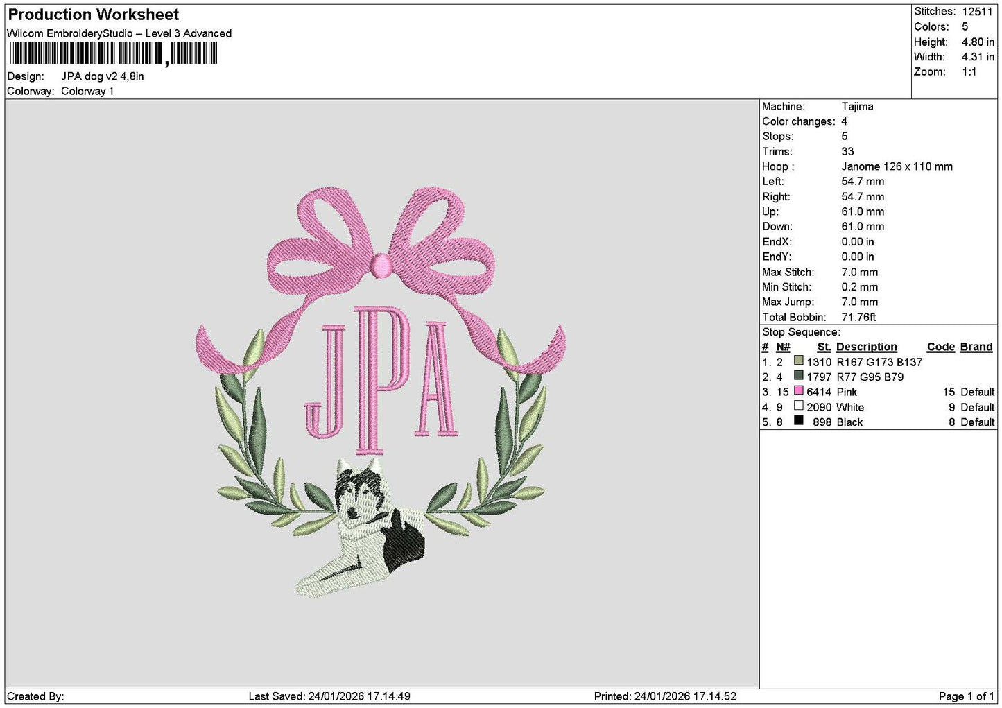 Jpa Dog V2 Embroidery File 6 sizes