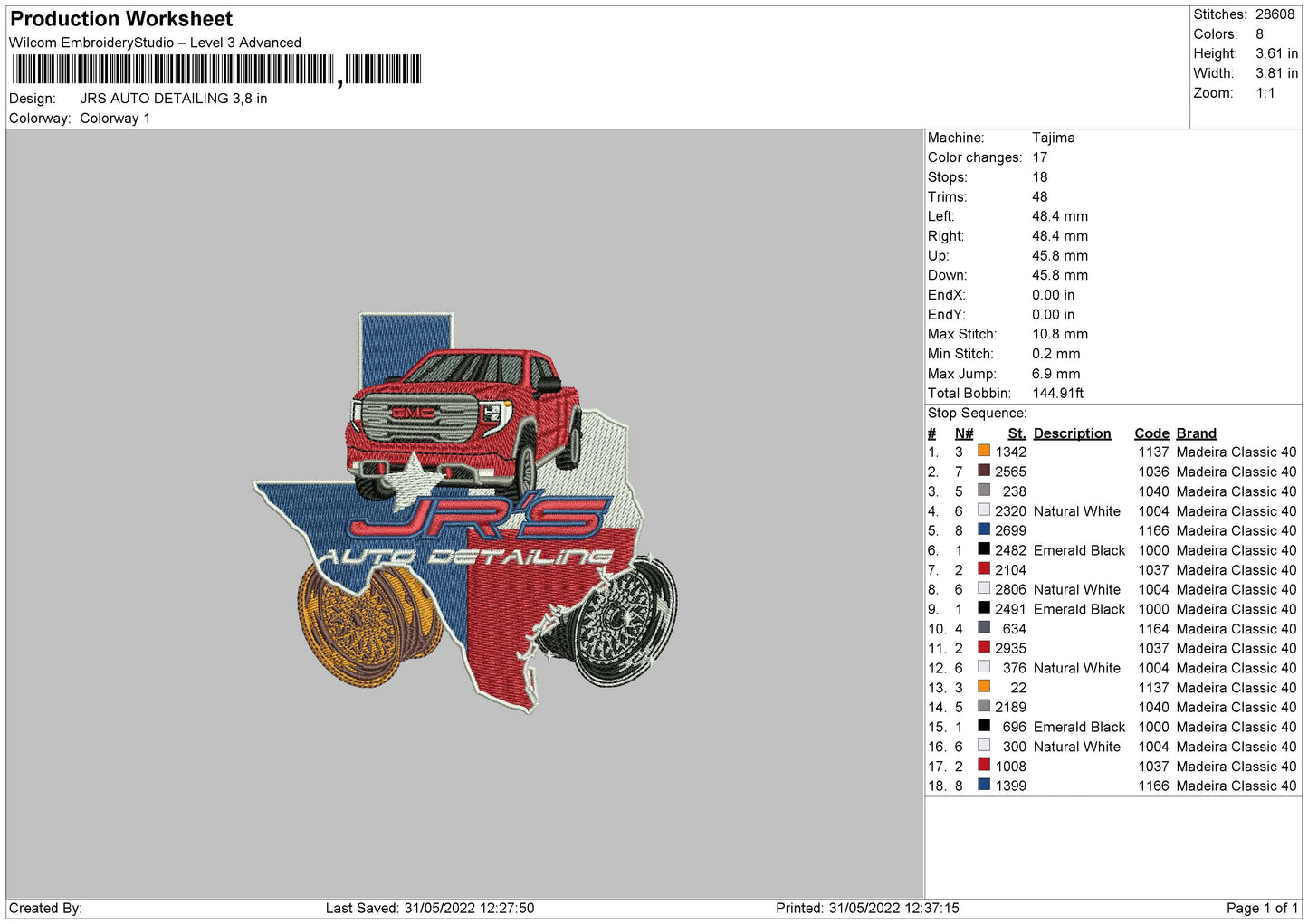 JRS Auto Detailing Embroidery File 4 size