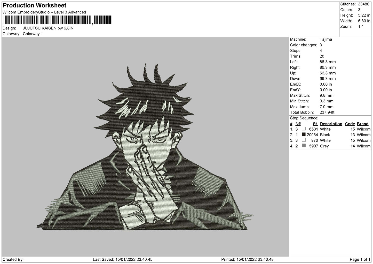 Jujutsu Kaisen BW Embroidery File 4 size