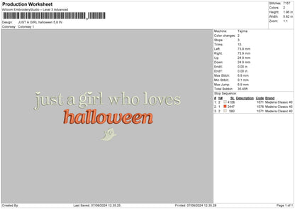 Gilr Halloween 0708 Embroidery File 6 sizes