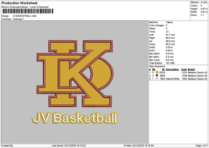 Basketball 2212 Embroidery File 6 sizes
