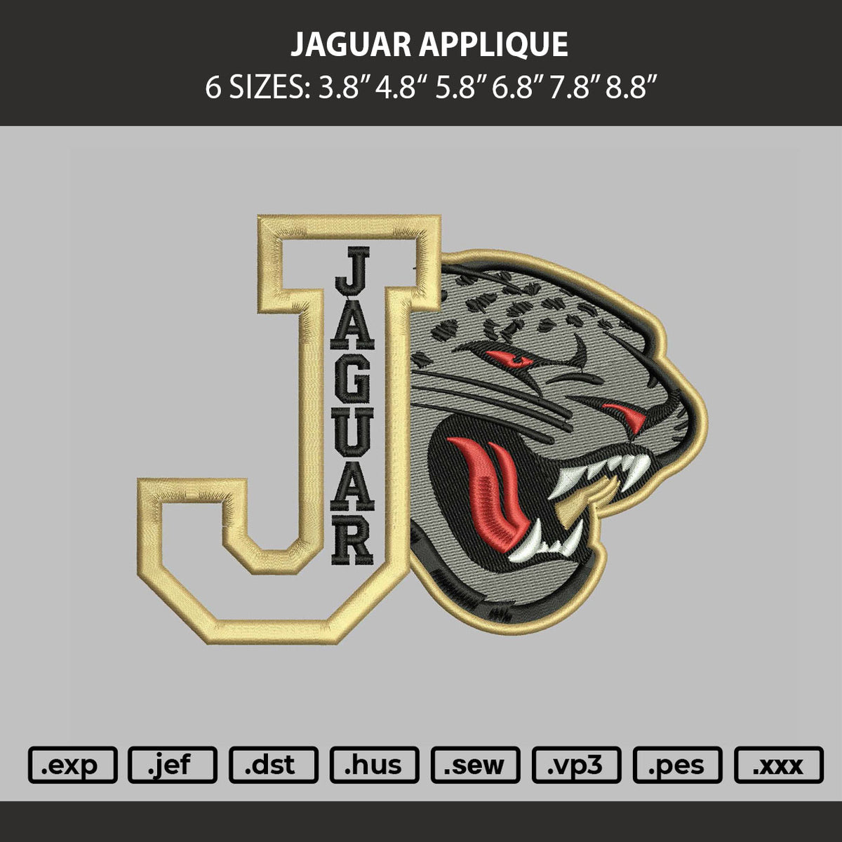 Jaguar Applique Embroidery Machine Design File 6 sizes