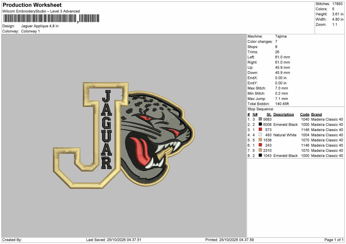 Jaguar Applique Embroidery Machine Design File 6 sizes