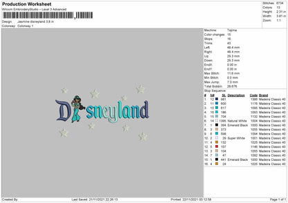 Jasmine Disneyland Embroidery File 4 Size