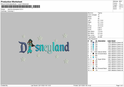 Jasmine Disneyland Embroidery File 4 Size