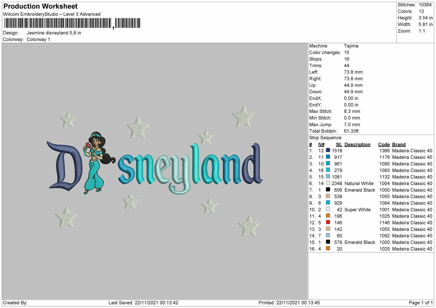 Jasmine Disneyland Embroidery File 4 Size