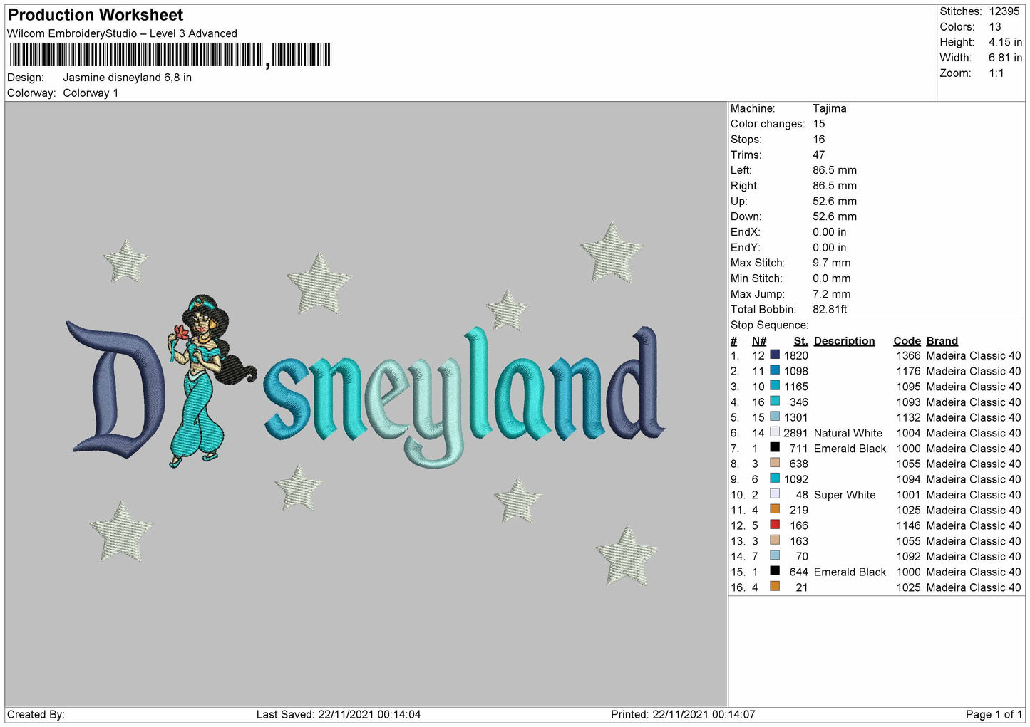 Jasmine Disneyland Embroidery File 4 Size
