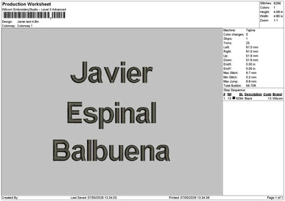 Javiertext 01 Embroidery File 6 sizes